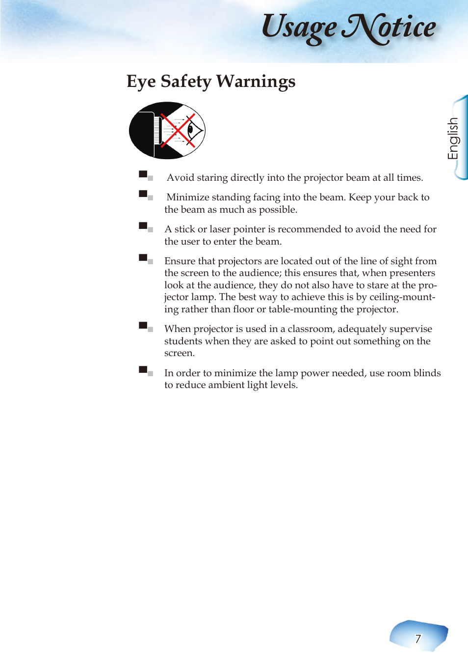 Usage notice, Eye safety warnings, English | Optoma Home Theatre Projector User Manual | Page 9 / 68