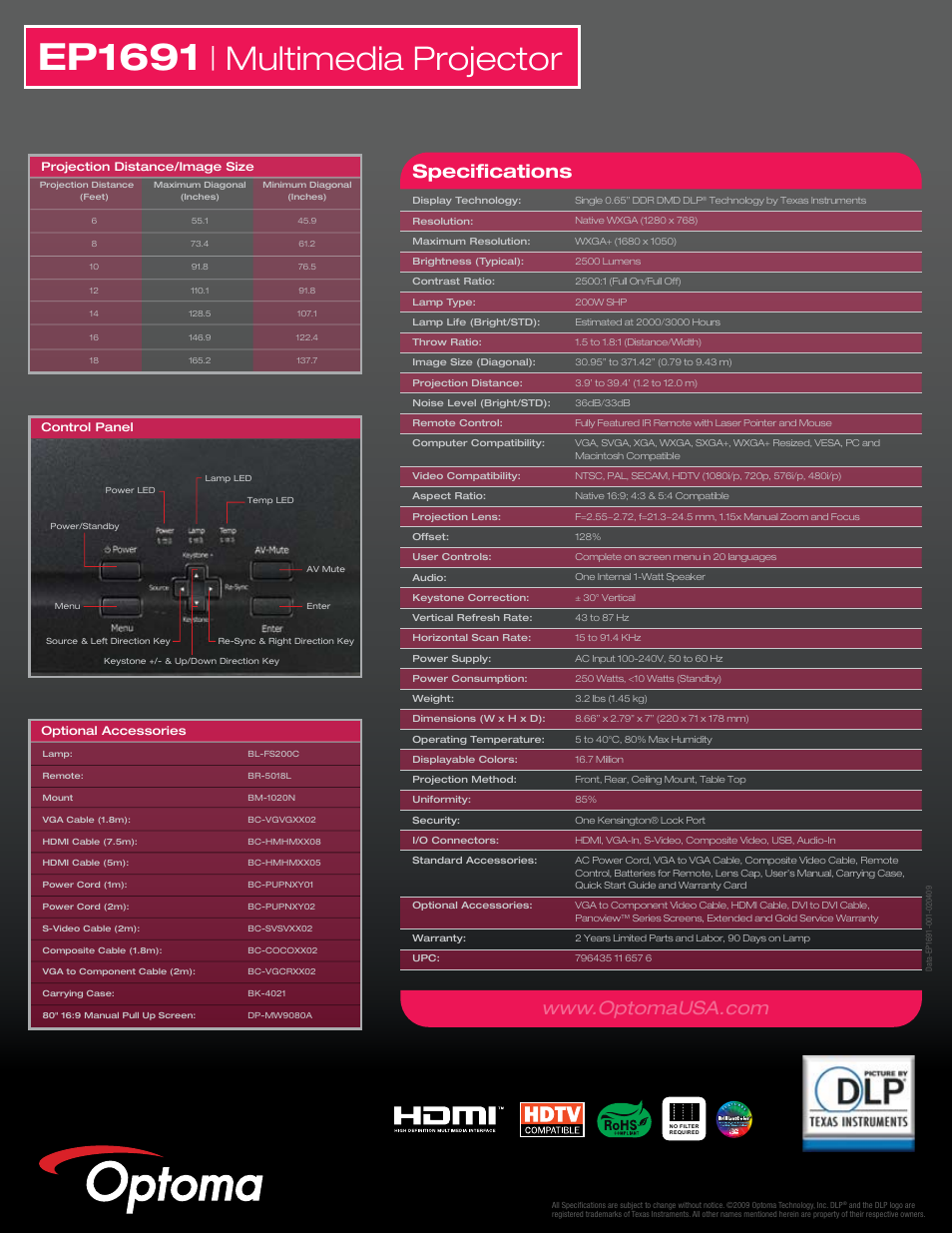 Ep1691, Multimedia projector, Specifications | Optoma Optoma EP1691 User Manual | Page 2 / 2