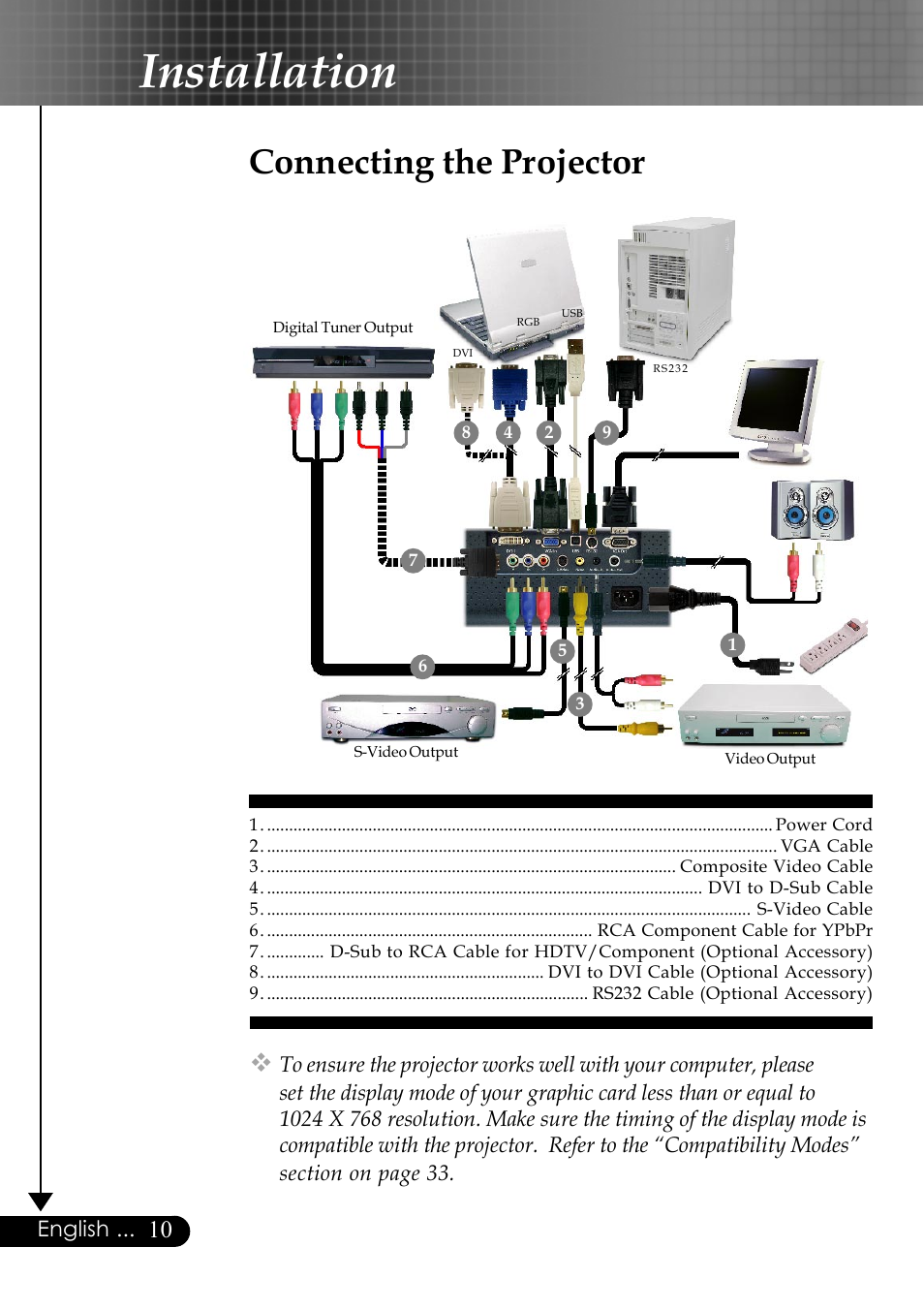 Installation, Connecting the projector | Optoma EP759 User Manual | Page 10 / 34