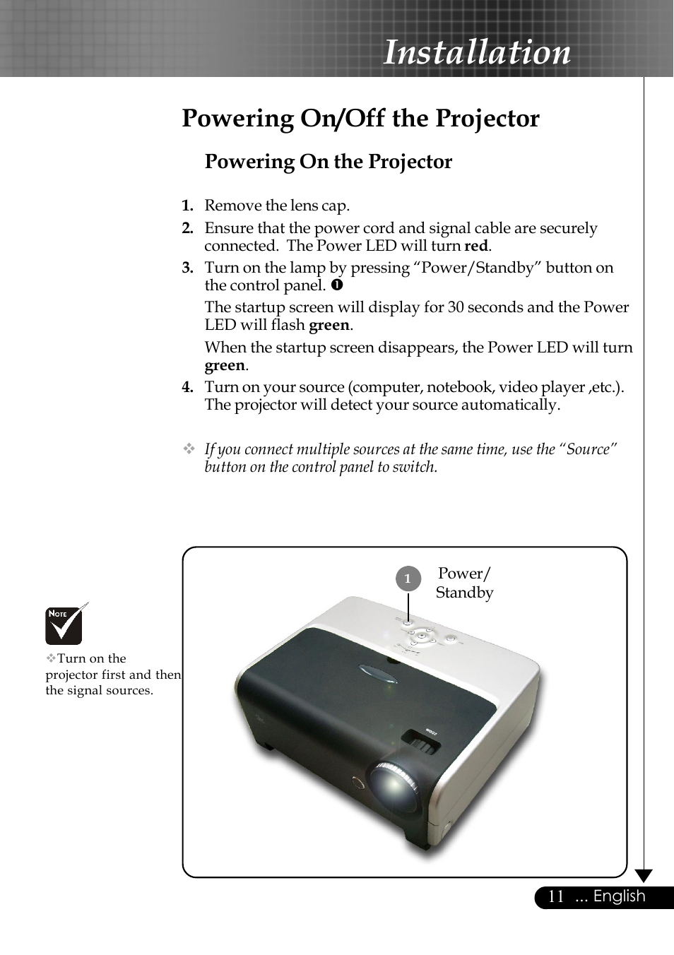 Installation, Powering on/off the projector, Powering on the projector | Optoma EP759 User Manual | Page 11 / 34