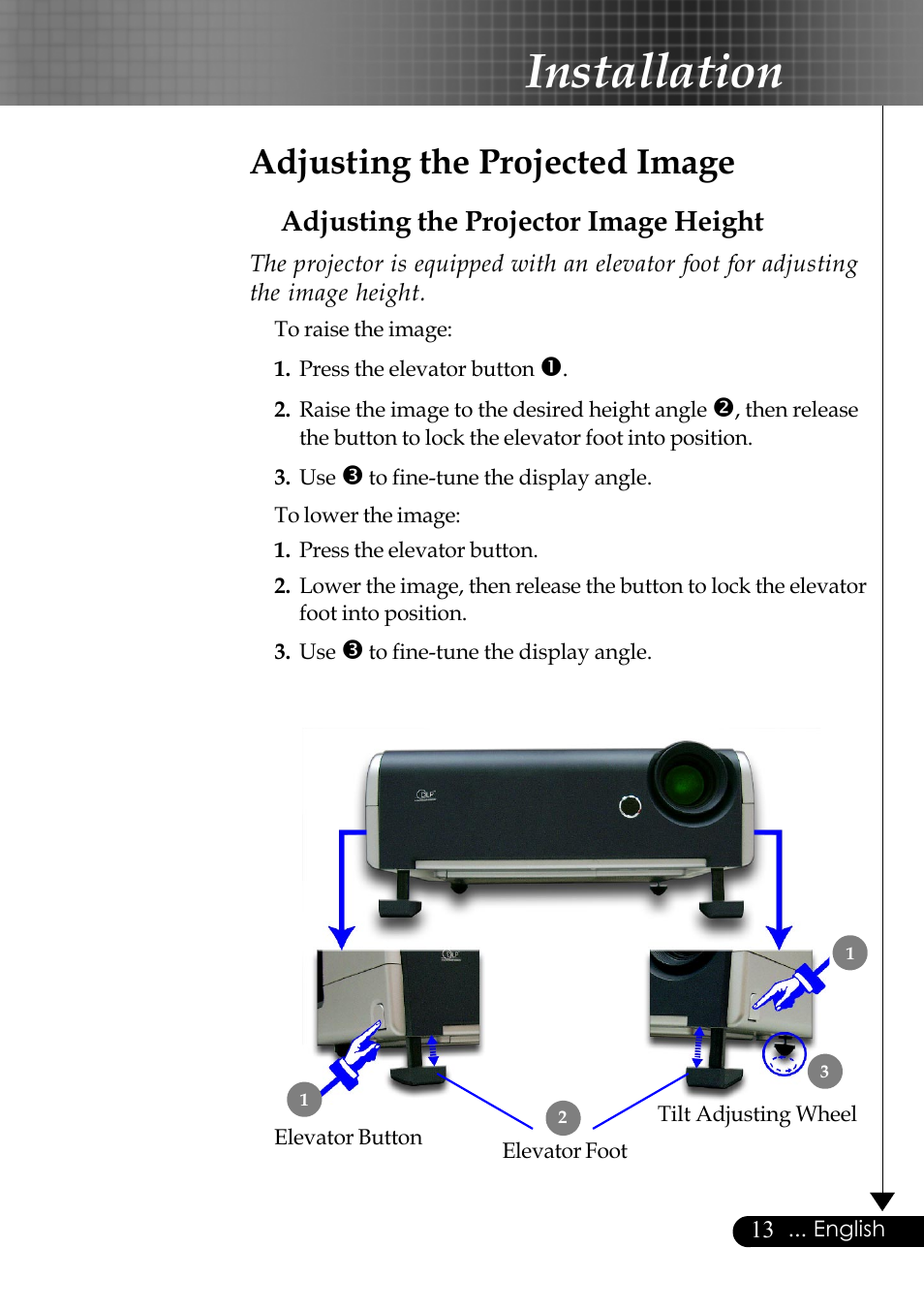 Installation, Adjusting the projected image, Adjusting the projector image height | Optoma EP759 User Manual | Page 13 / 34