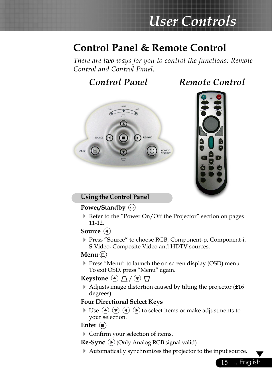 User controls, Control panel & remote control, Remote control control panel | Optoma EP759 User Manual | Page 15 / 34