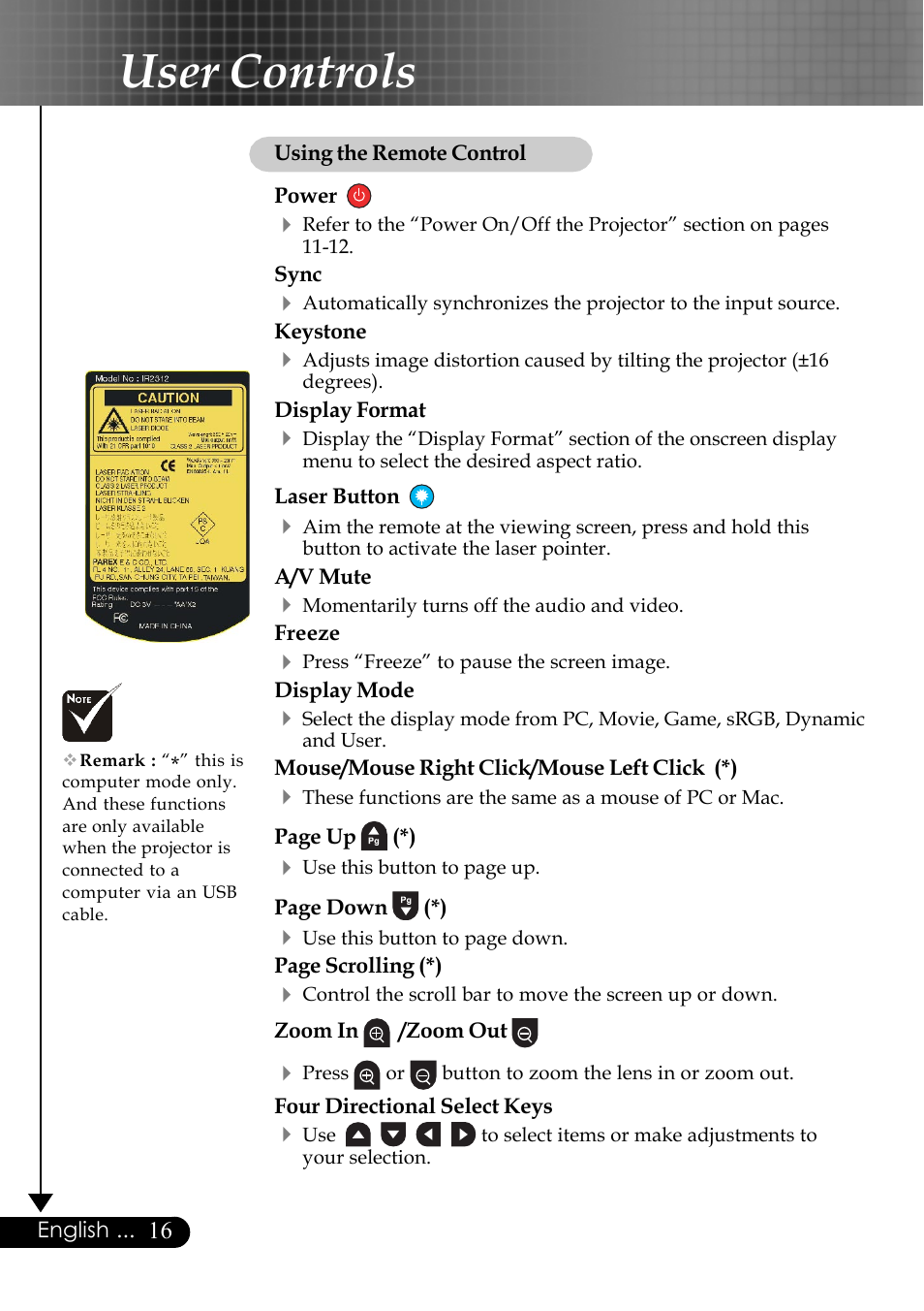 User controls | Optoma EP759 User Manual | Page 16 / 34