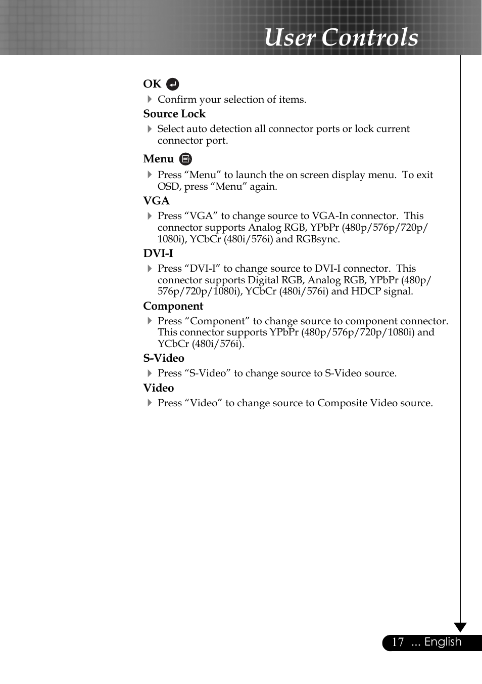 User controls | Optoma EP759 User Manual | Page 17 / 34