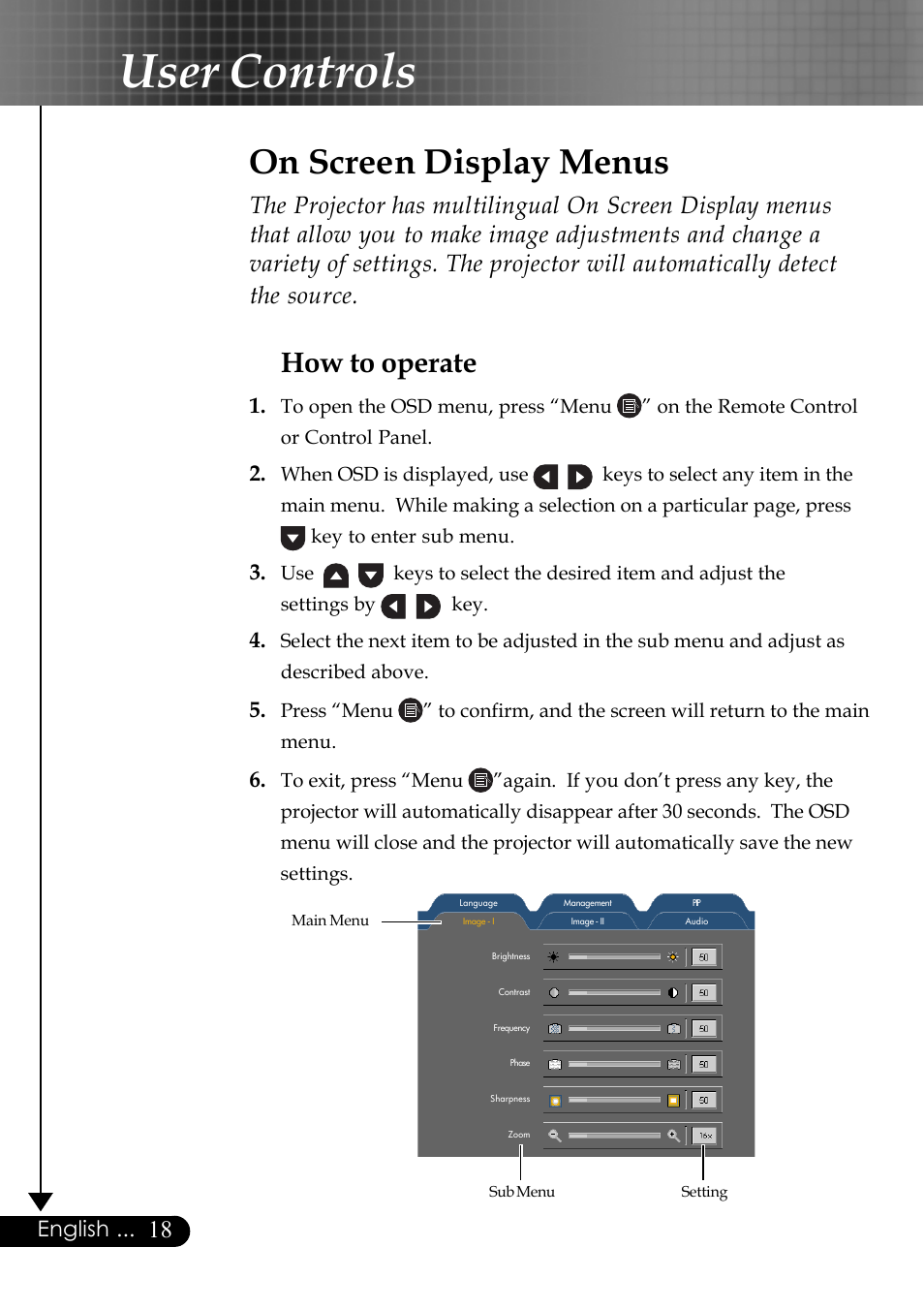 User controls, On screen display menus, How to operate | Optoma EP759 User Manual | Page 18 / 34