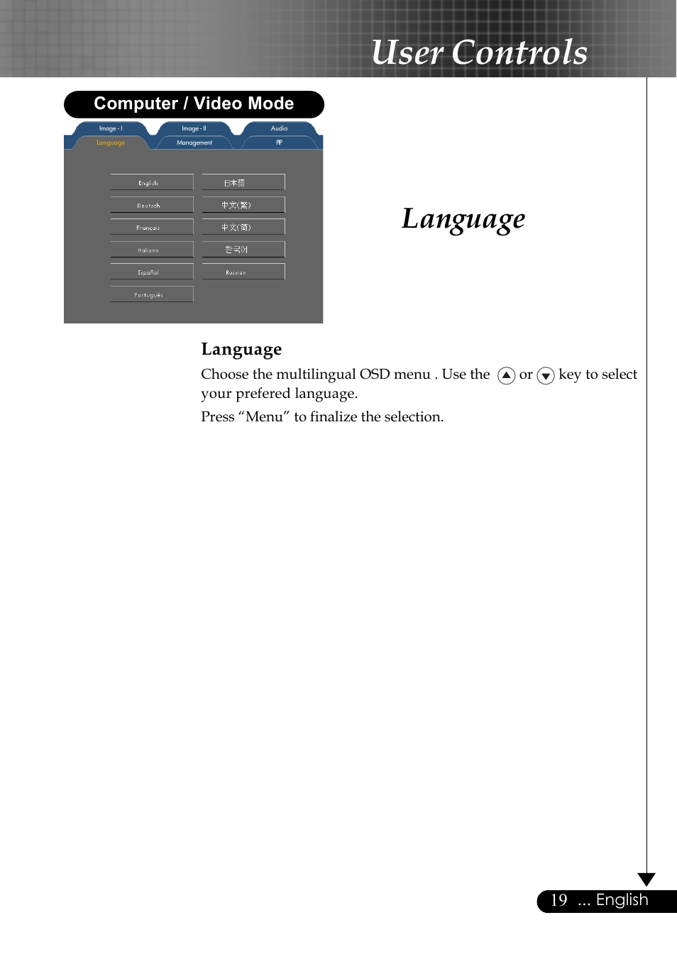 User controls, Language, Computer / video mode | Optoma EP759 User Manual | Page 19 / 34