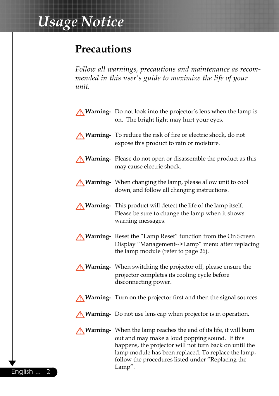 Usage notice, Precautions | Optoma EP759 User Manual | Page 2 / 34