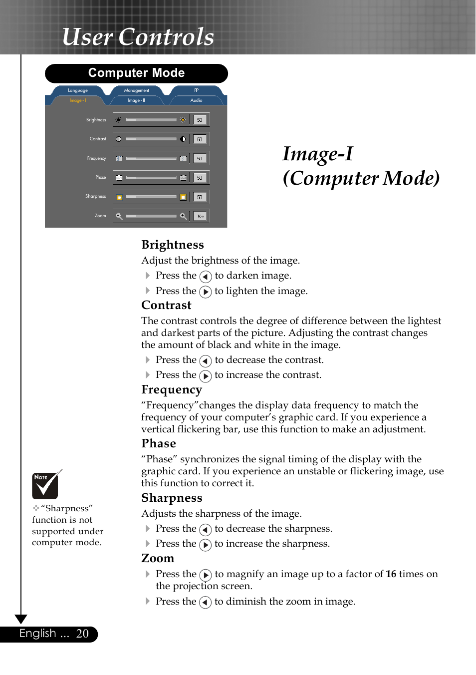 User controls, Image-i (computer mode), Brightness | Contrast, Frequency, Phase, Sharpness, Zoom 4, Computer mode | Optoma EP759 User Manual | Page 20 / 34