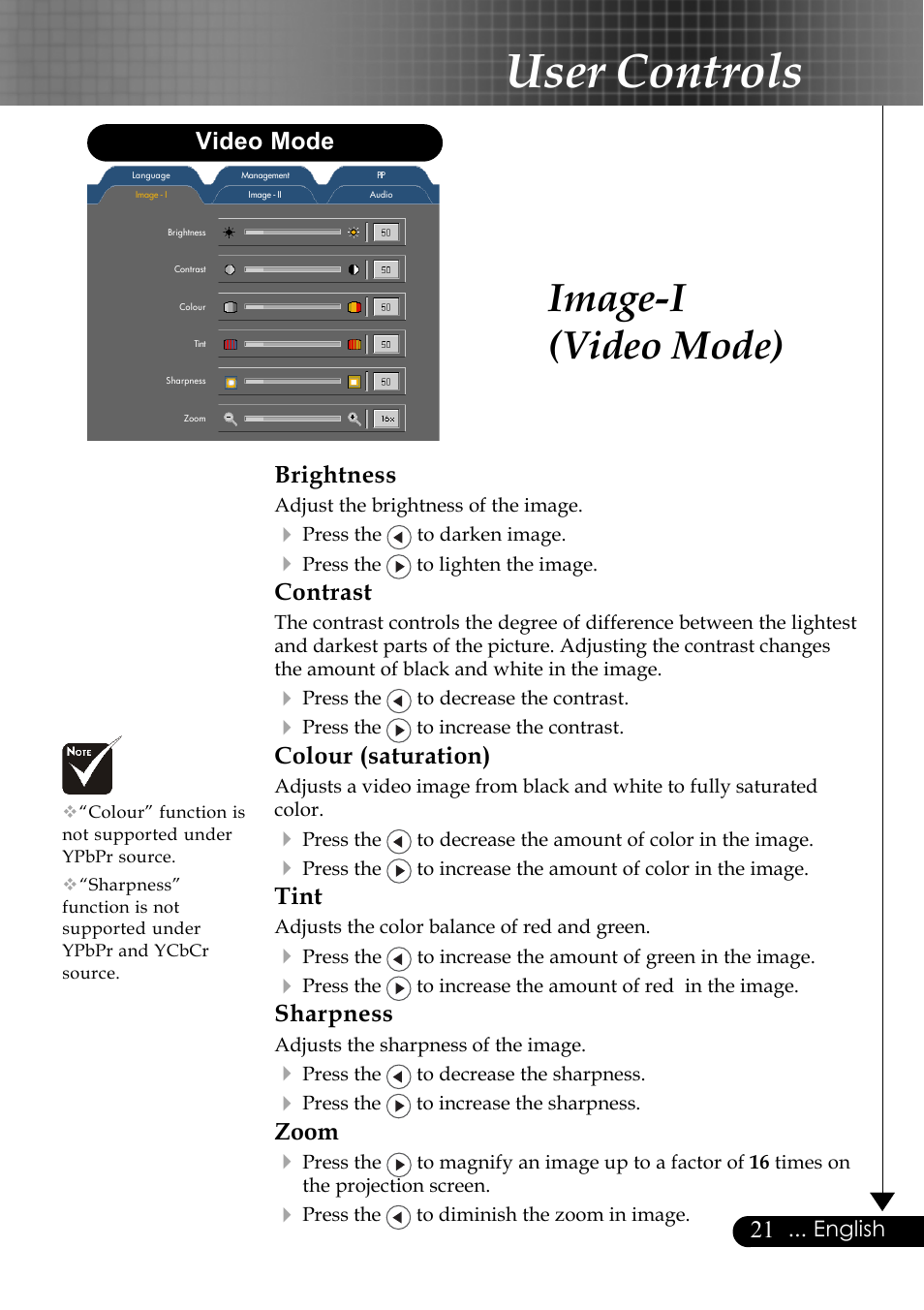 User controls, Image-i (video mode), Brightness | Contrast, Colour (saturation), Tint, Sharpness, Zoom 4, Video mode | Optoma EP759 User Manual | Page 21 / 34