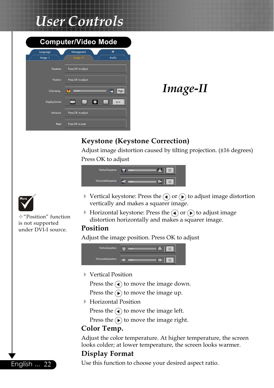 User controls, Image-ii, Keystone (keystone correction) | Position, Color temp, Display format, Computer/video mode, English | Optoma EP759 User Manual | Page 22 / 34