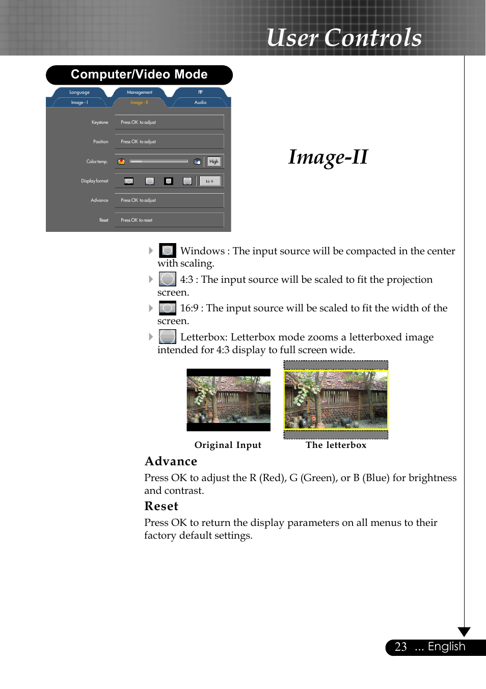 User controls, Image-ii, Advance | Reset, Computer/video mode, English | Optoma EP759 User Manual | Page 23 / 34