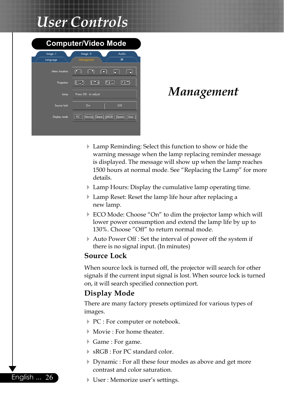 User controls, Management, Source lock | Display mode, Computer/video mode, English | Optoma EP759 User Manual | Page 26 / 34