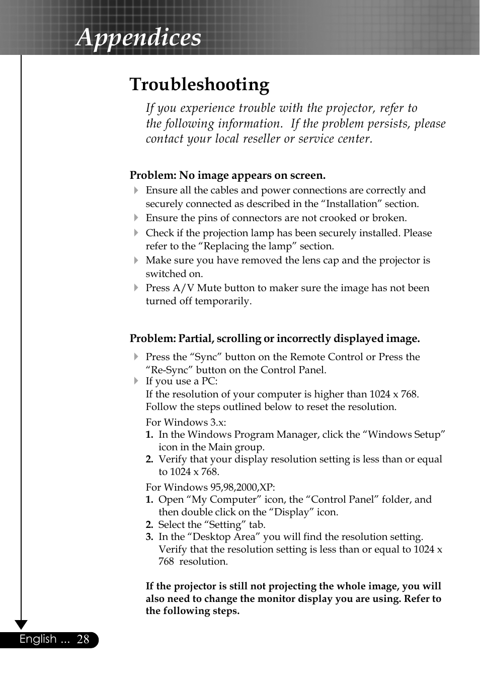 Appendices, Troubleshooting | Optoma EP759 User Manual | Page 28 / 34