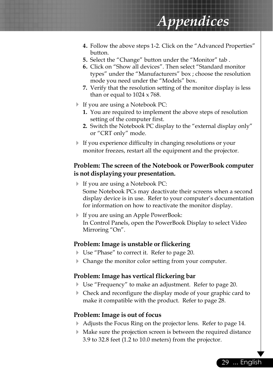 Appendices | Optoma EP759 User Manual | Page 29 / 34