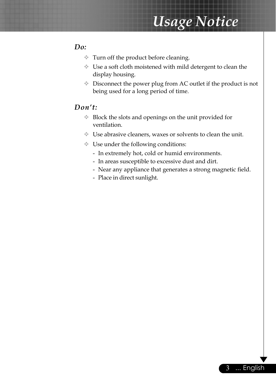 Usage notice | Optoma EP759 User Manual | Page 3 / 34