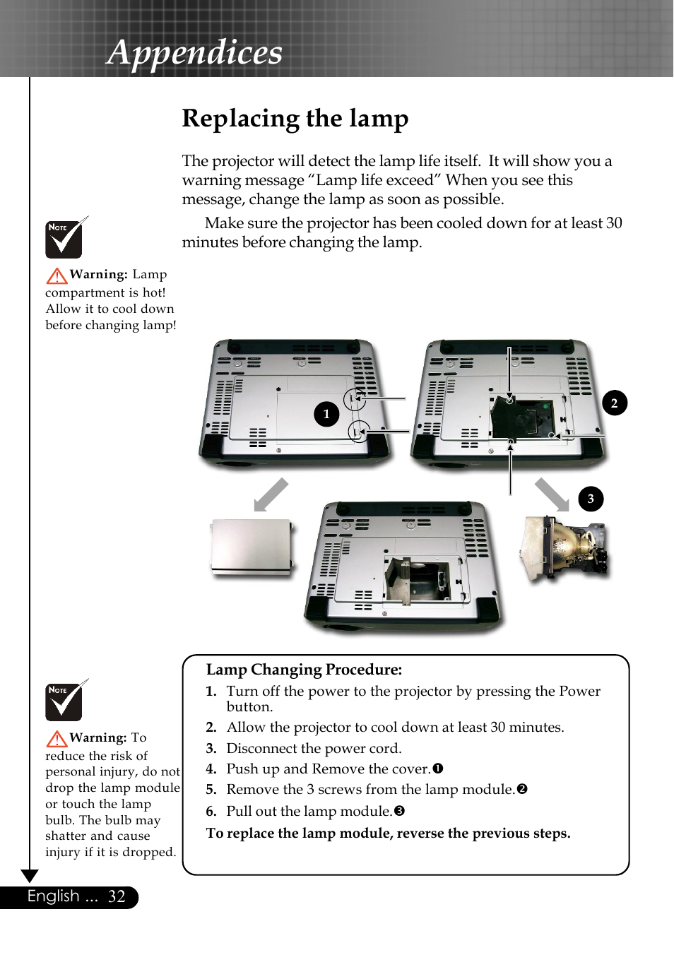 Appendices, Replacing the lamp | Optoma EP759 User Manual | Page 32 / 34