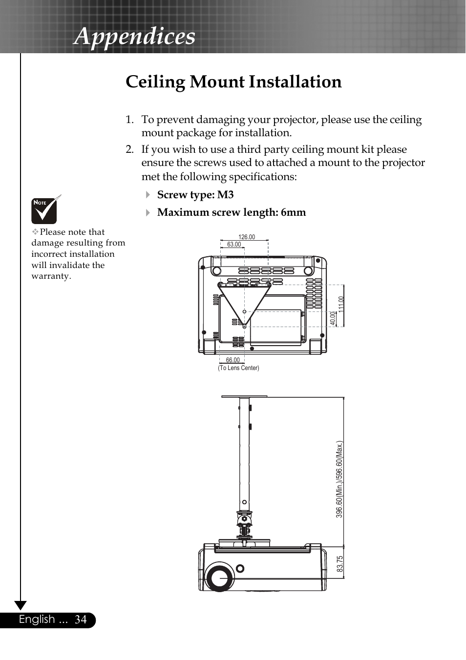 Appendices, Ceiling mount installation | Optoma EP759 User Manual | Page 34 / 34