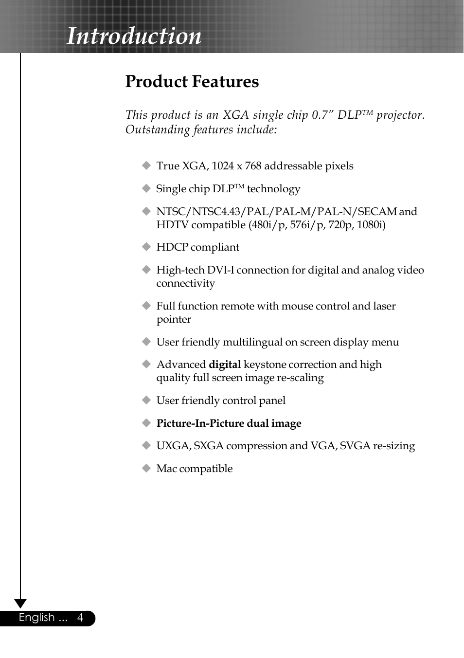 Introduction, Product features | Optoma EP759 User Manual | Page 4 / 34