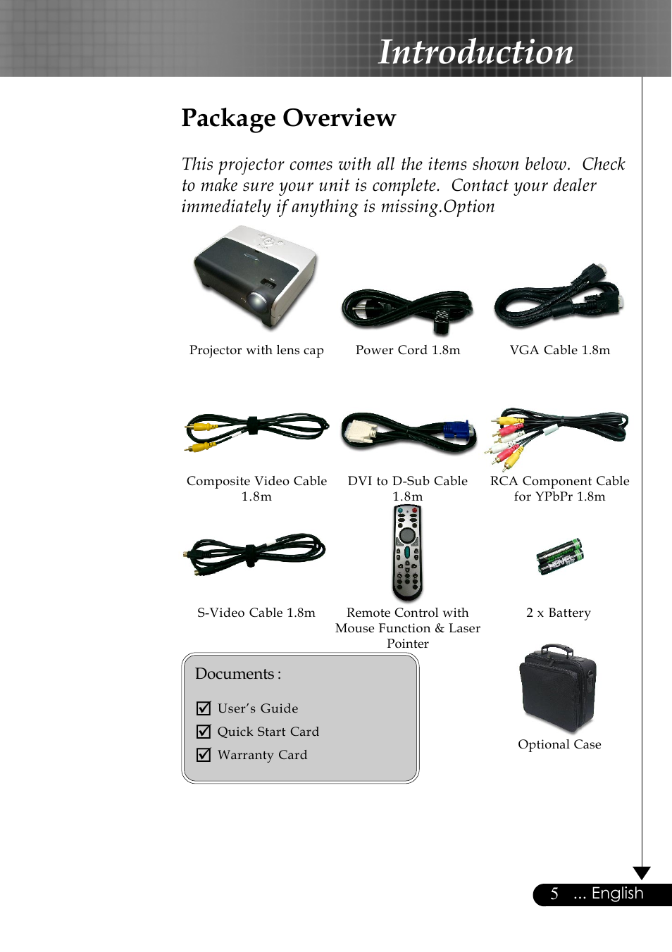 Introduction, Package overview | Optoma EP759 User Manual | Page 5 / 34