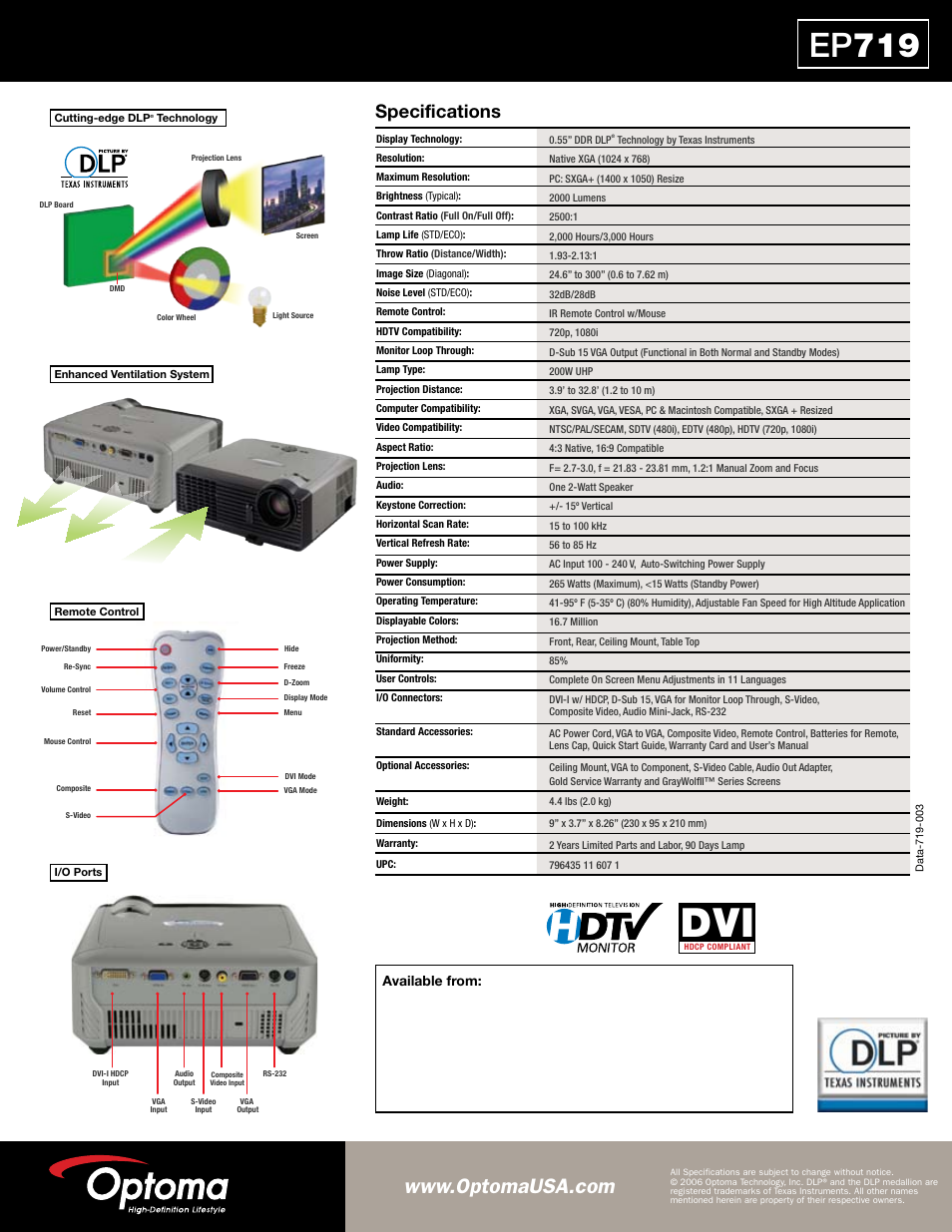 Ep 719, Specifications, Available from | Optoma Optoma EP719 User Manual | Page 2 / 2