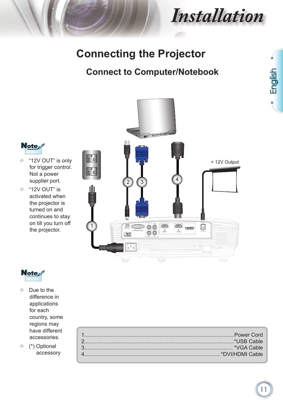 Installation, Connecting the projector, English | Optoma HD20 User Manual | Page 11 / 50