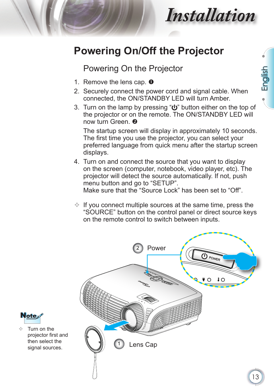 Installation, Powering on/off the projector, Powering on the projector | English | Optoma HD20 User Manual | Page 13 / 50