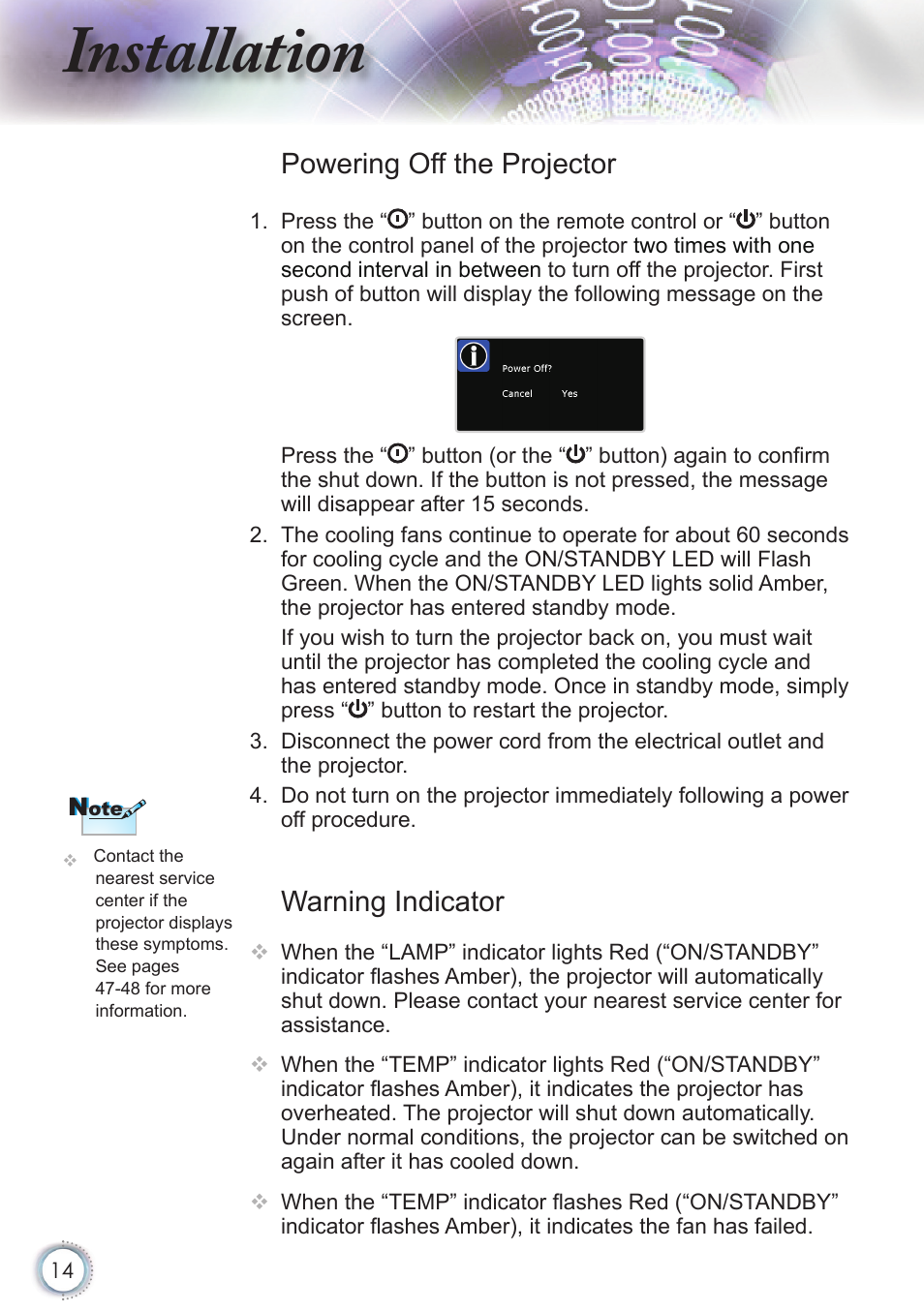 Installation, Warning indicator, Powering off the projector | Optoma HD20 User Manual | Page 14 / 50