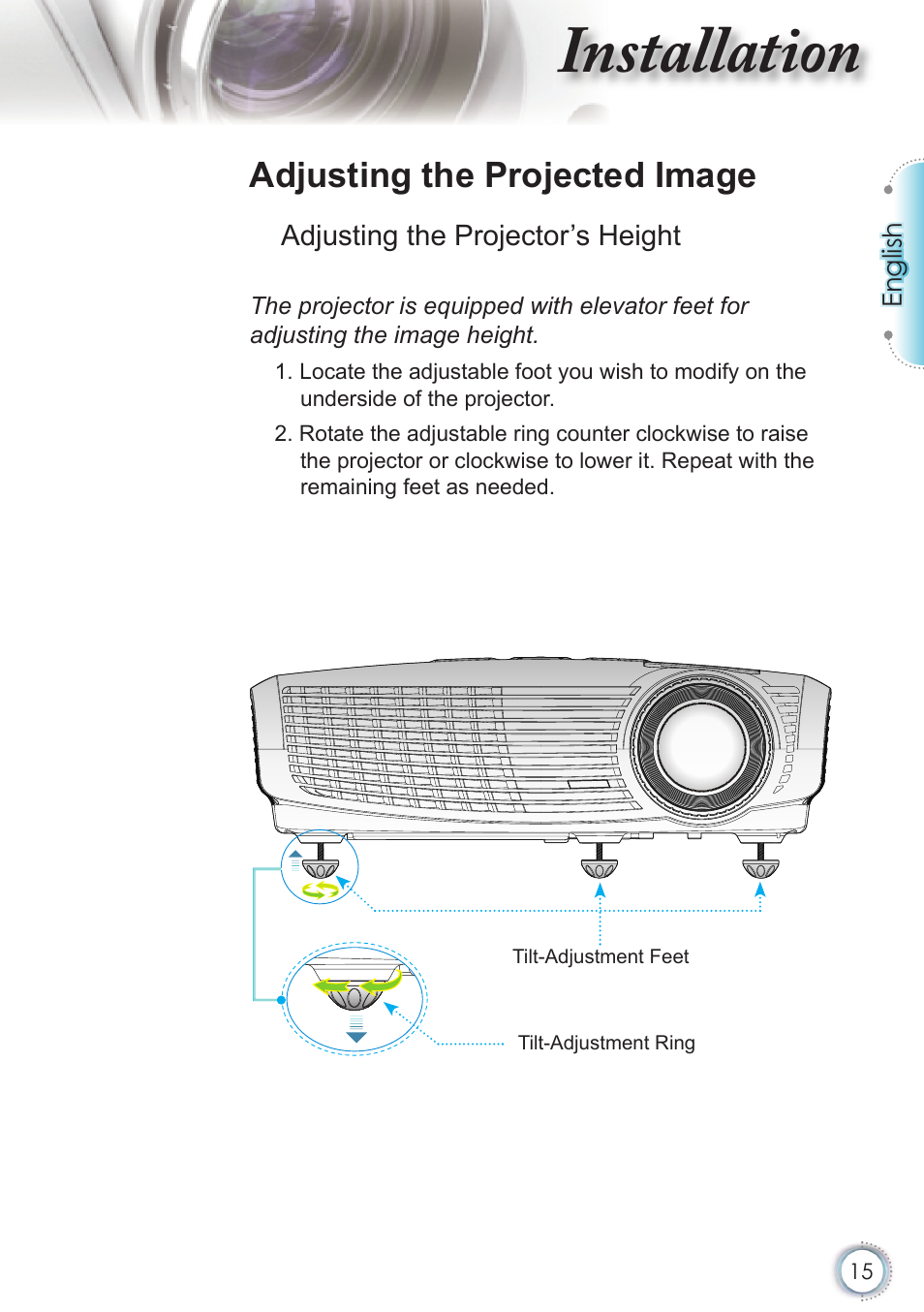Installation, Adjusting the projected image | Optoma HD20 User Manual | Page 15 / 50
