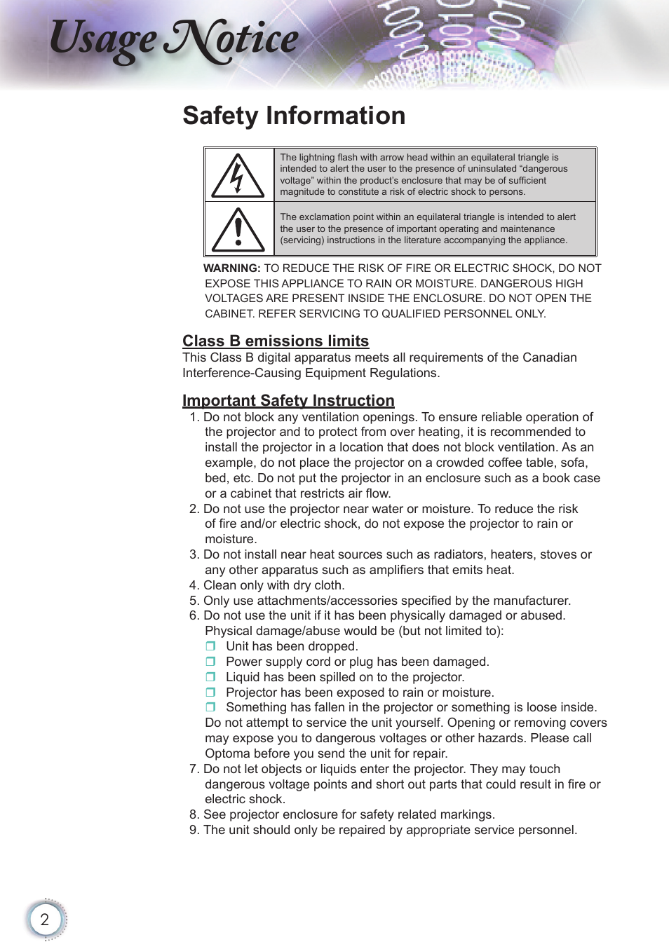 Usage notice, Safety information | Optoma HD20 User Manual | Page 2 / 50