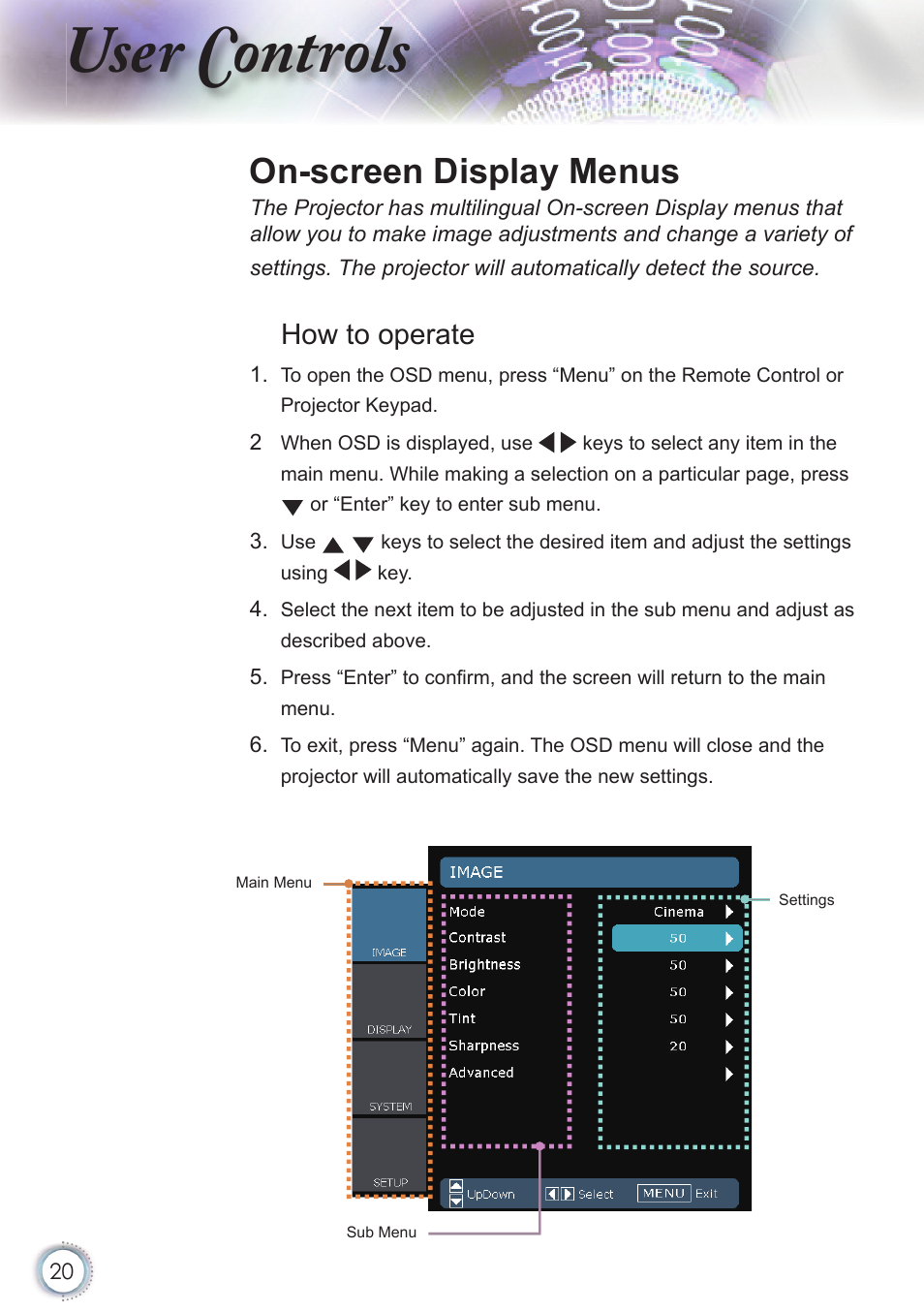 User controls, On-screen display menus, How to operate | Optoma HD20 User Manual | Page 20 / 50