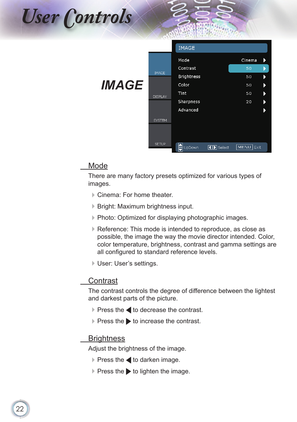 User controls, Image | Optoma HD20 User Manual | Page 22 / 50