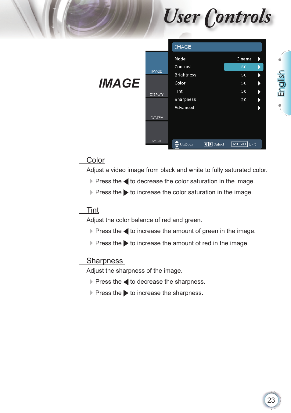 User controls, Image | Optoma HD20 User Manual | Page 23 / 50