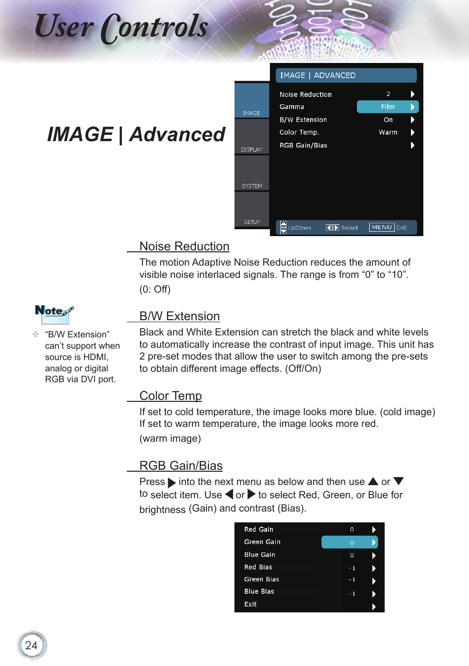 User controls, Image | advanced | Optoma HD20 User Manual | Page 24 / 50