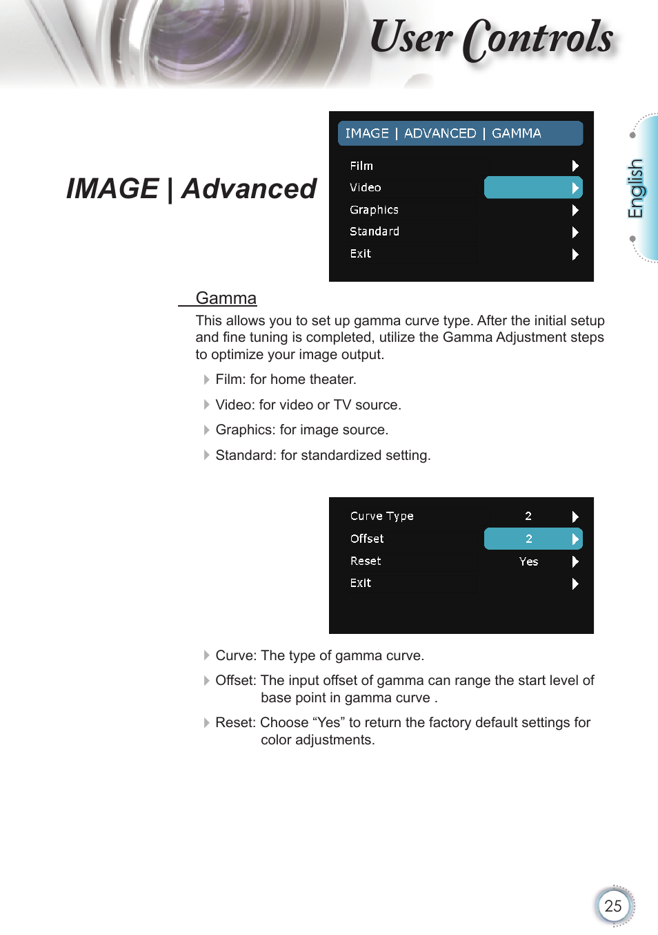 User controls, Image | advanced | Optoma HD20 User Manual | Page 25 / 50