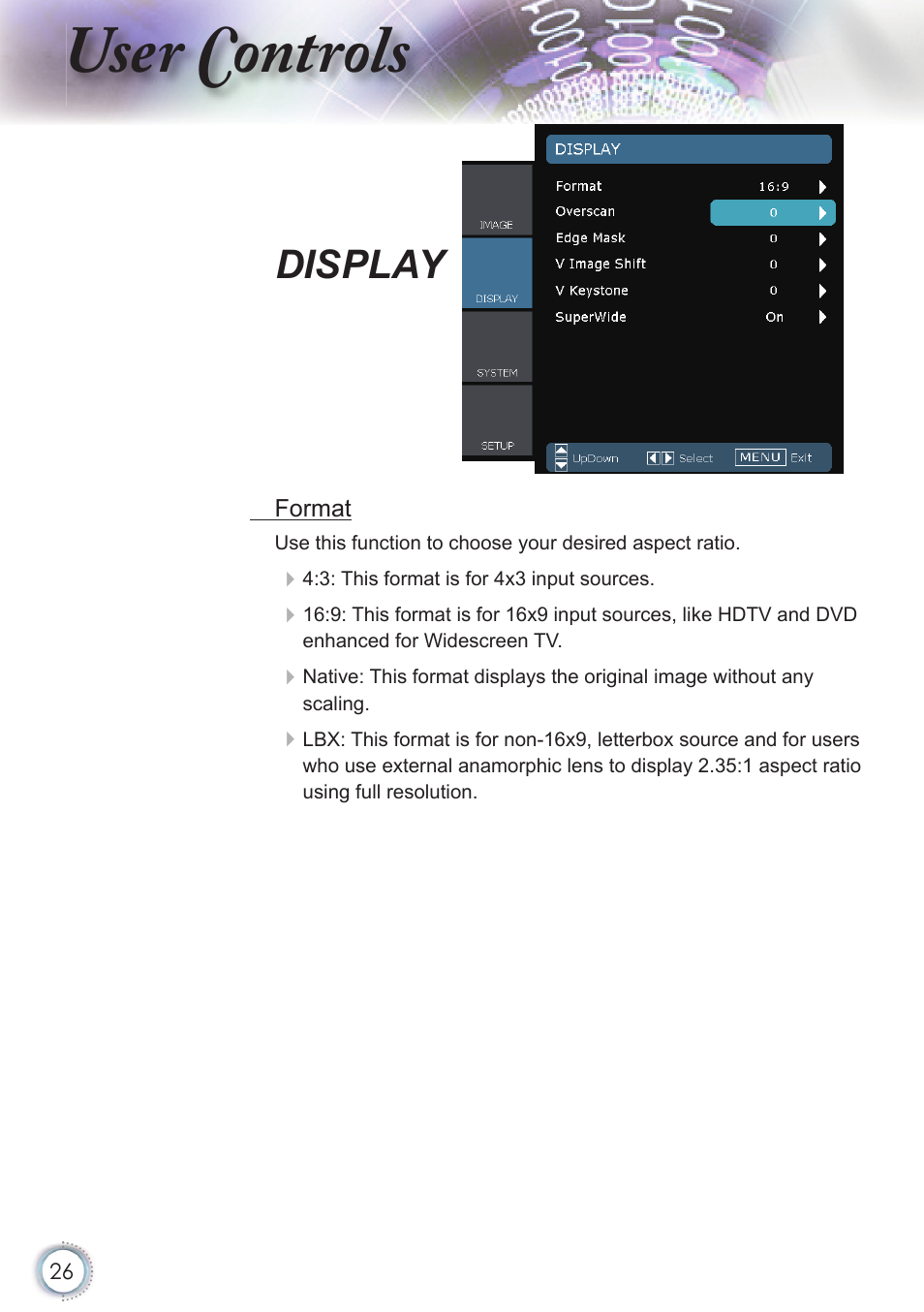 User controls, Display | Optoma HD20 User Manual | Page 26 / 50