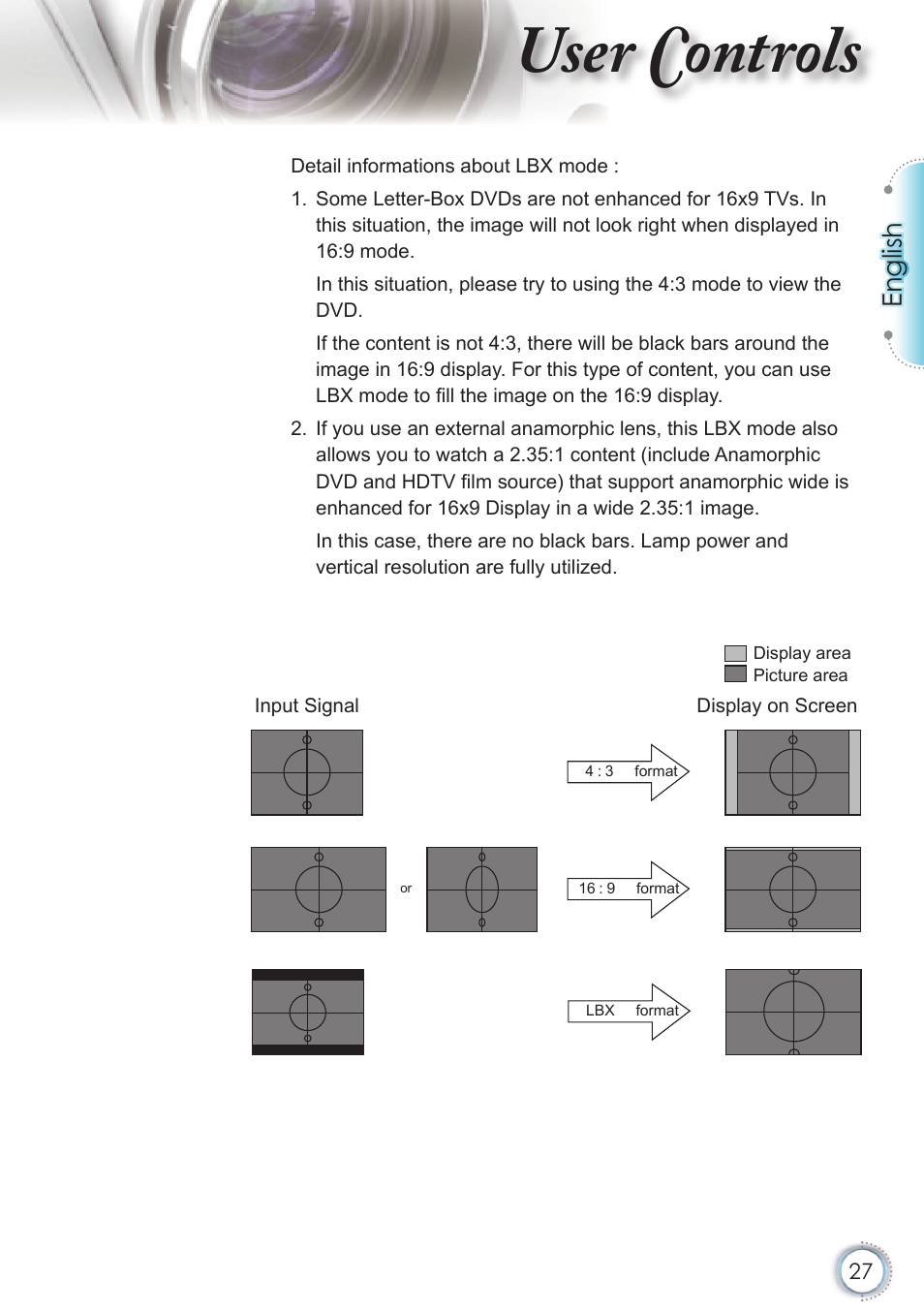 User controls, English | Optoma HD20 User Manual | Page 27 / 50