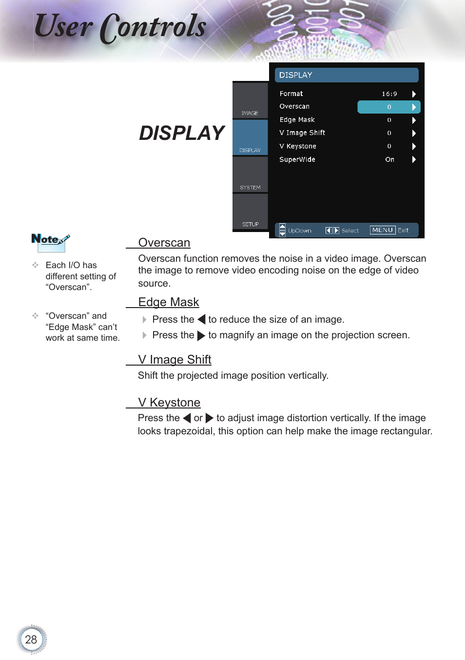 User controls, Display | Optoma HD20 User Manual | Page 28 / 50