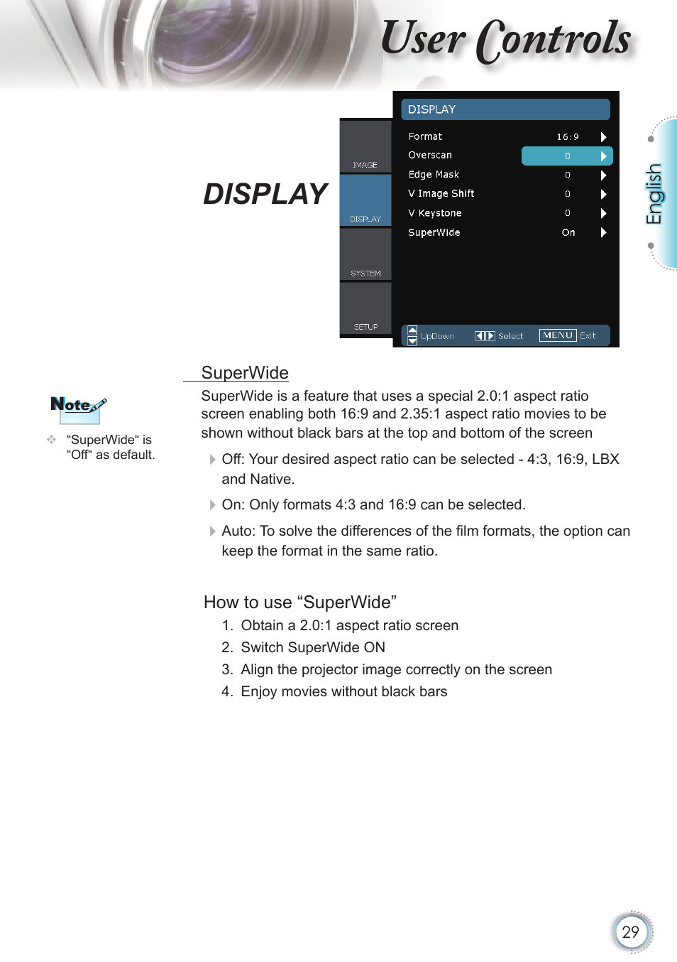 User controls, Display | Optoma HD20 User Manual | Page 29 / 50