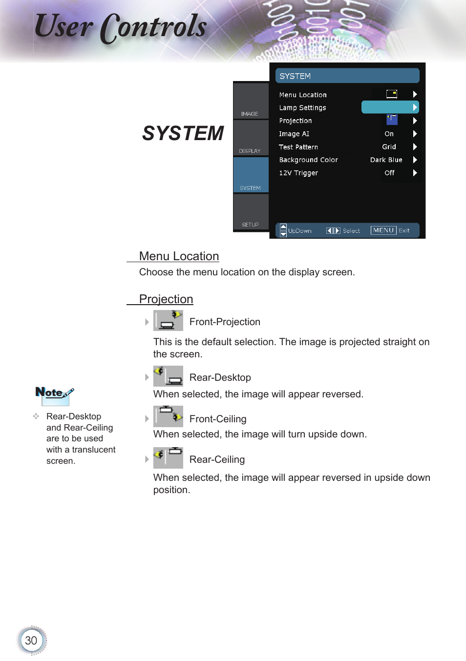 User controls, System | Optoma HD20 User Manual | Page 30 / 50