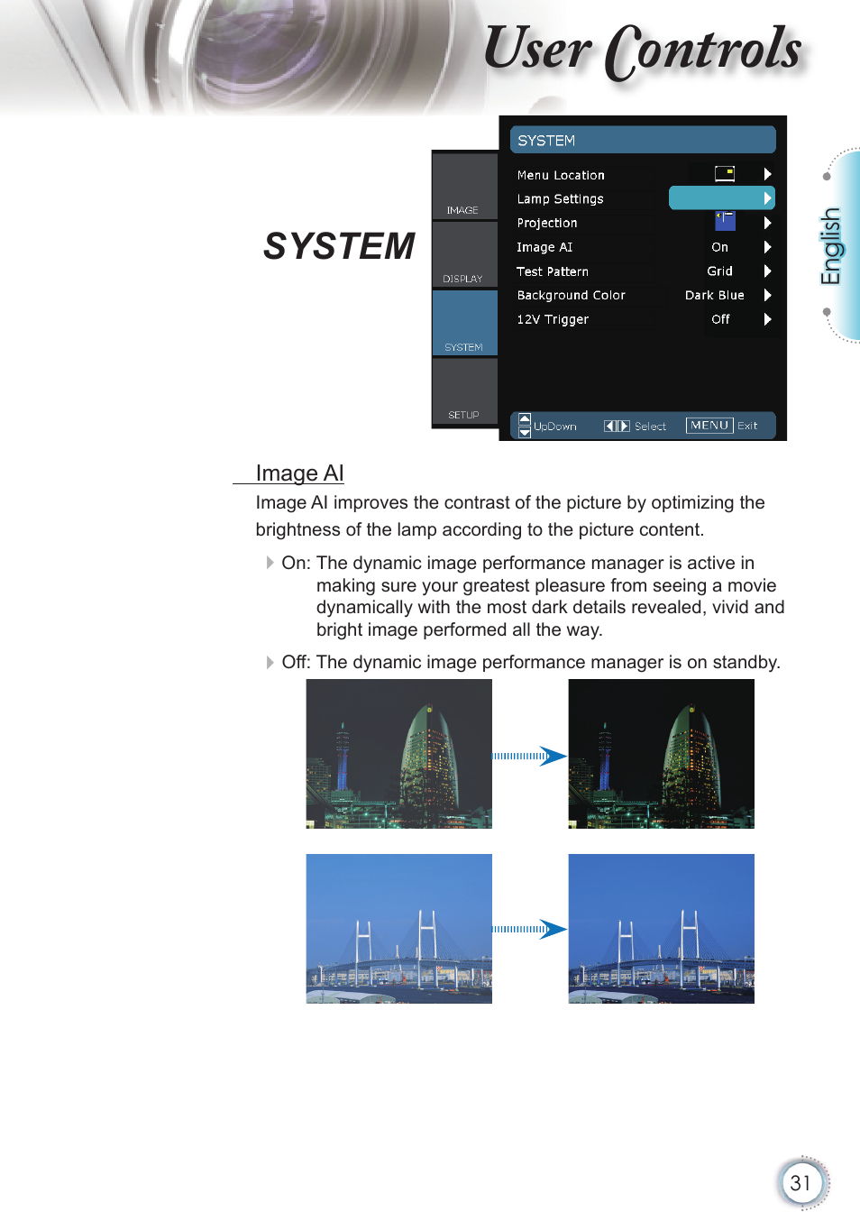 User controls, System | Optoma HD20 User Manual | Page 31 / 50