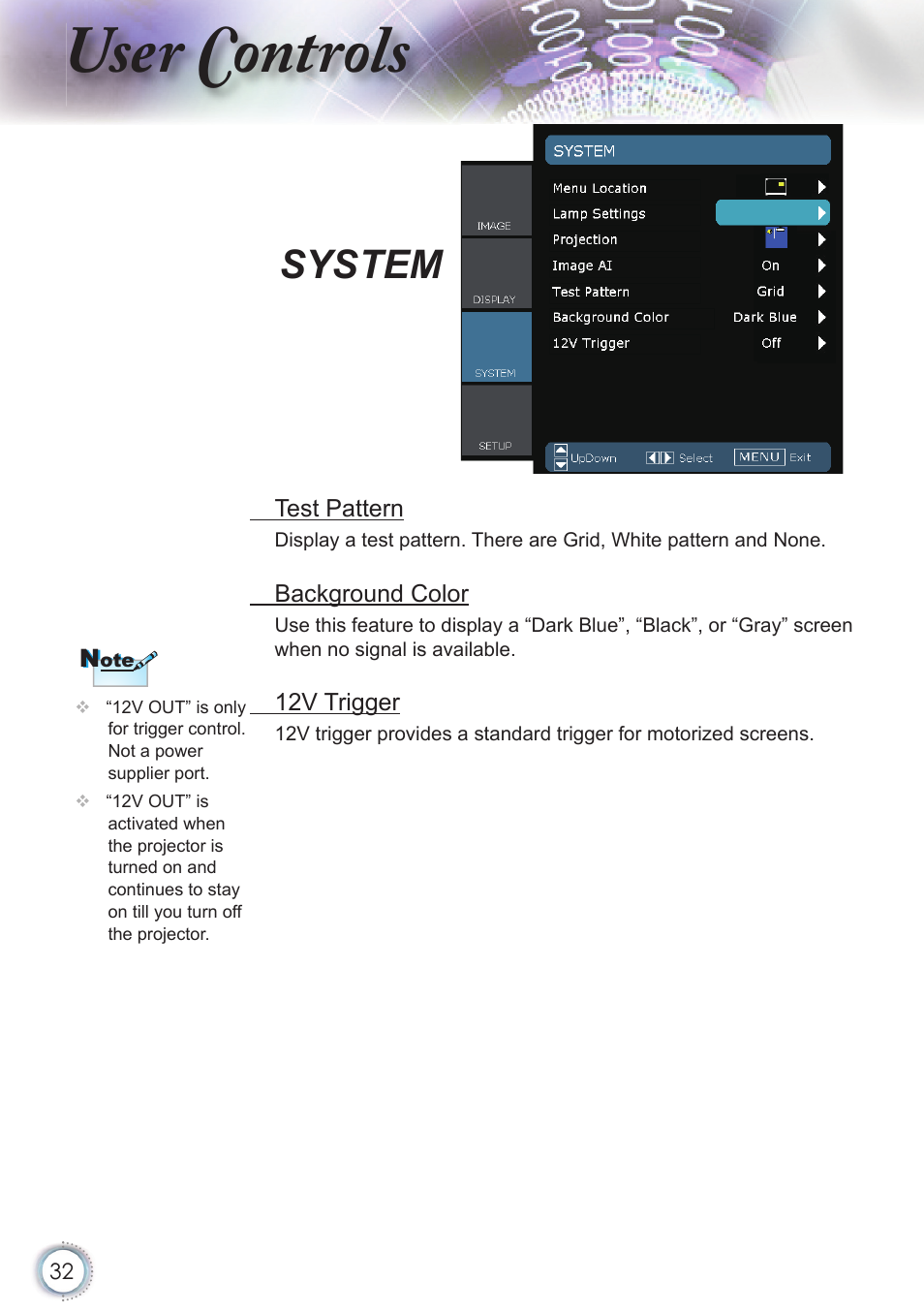 User controls, System | Optoma HD20 User Manual | Page 32 / 50