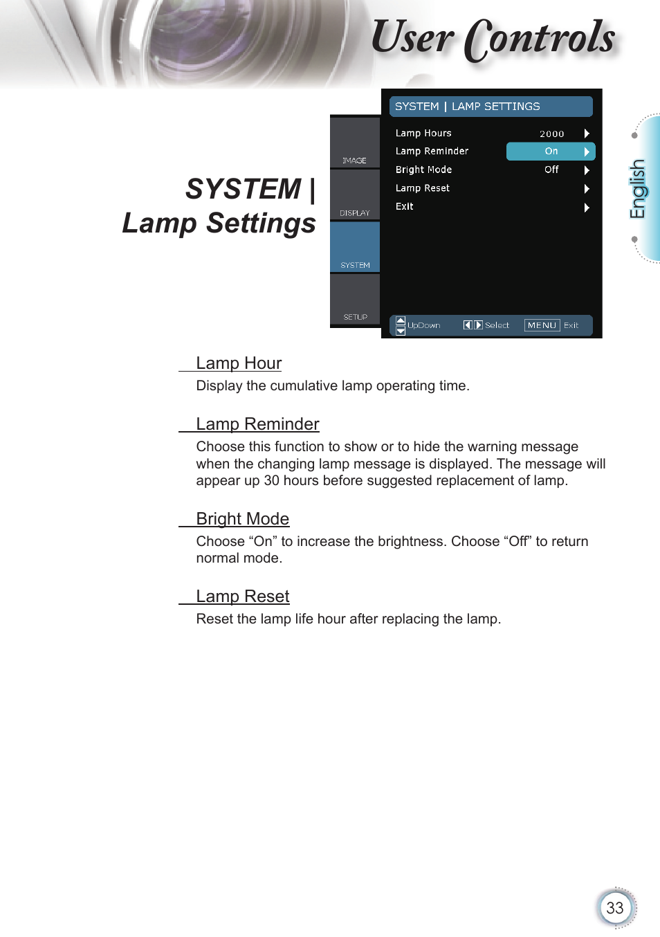 User controls, System | lamp settings | Optoma HD20 User Manual | Page 33 / 50