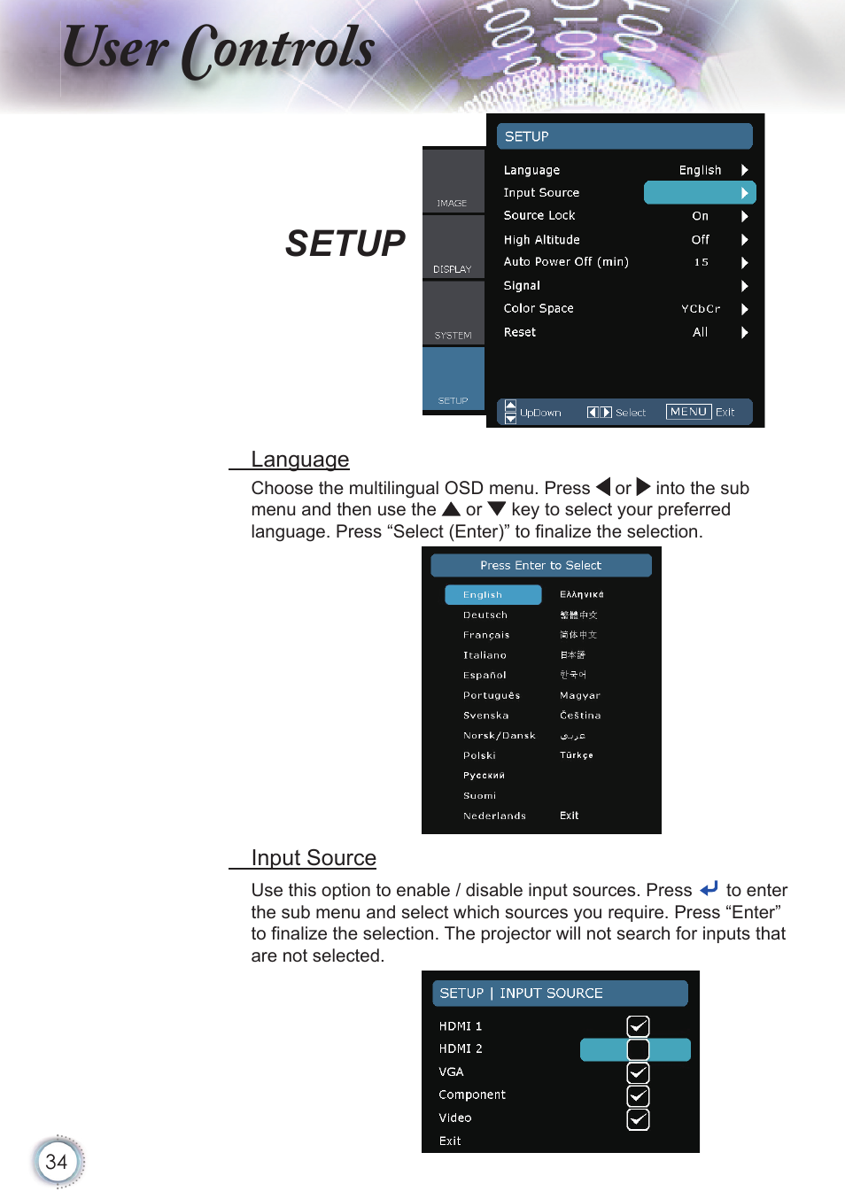 User controls, Setup | Optoma HD20 User Manual | Page 34 / 50