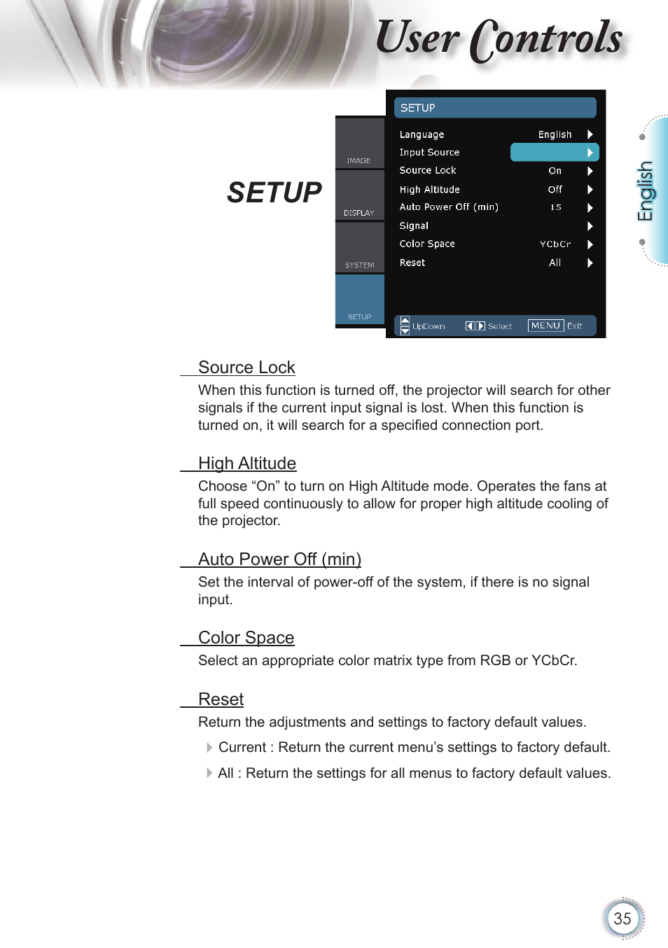 User controls, Setup | Optoma HD20 User Manual | Page 35 / 50