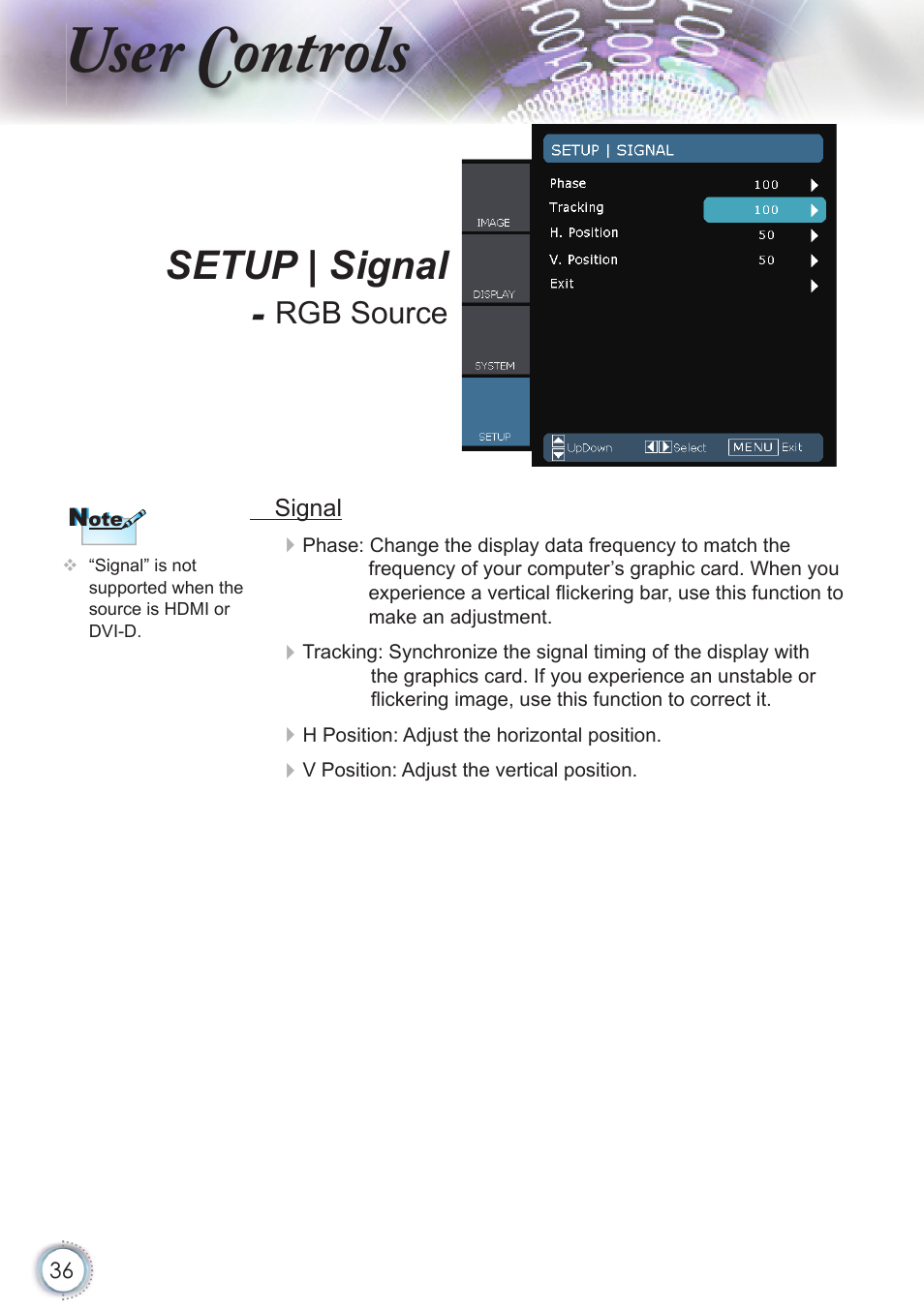 User controls, Setup | signal, Rgb source | Optoma HD20 User Manual | Page 36 / 50