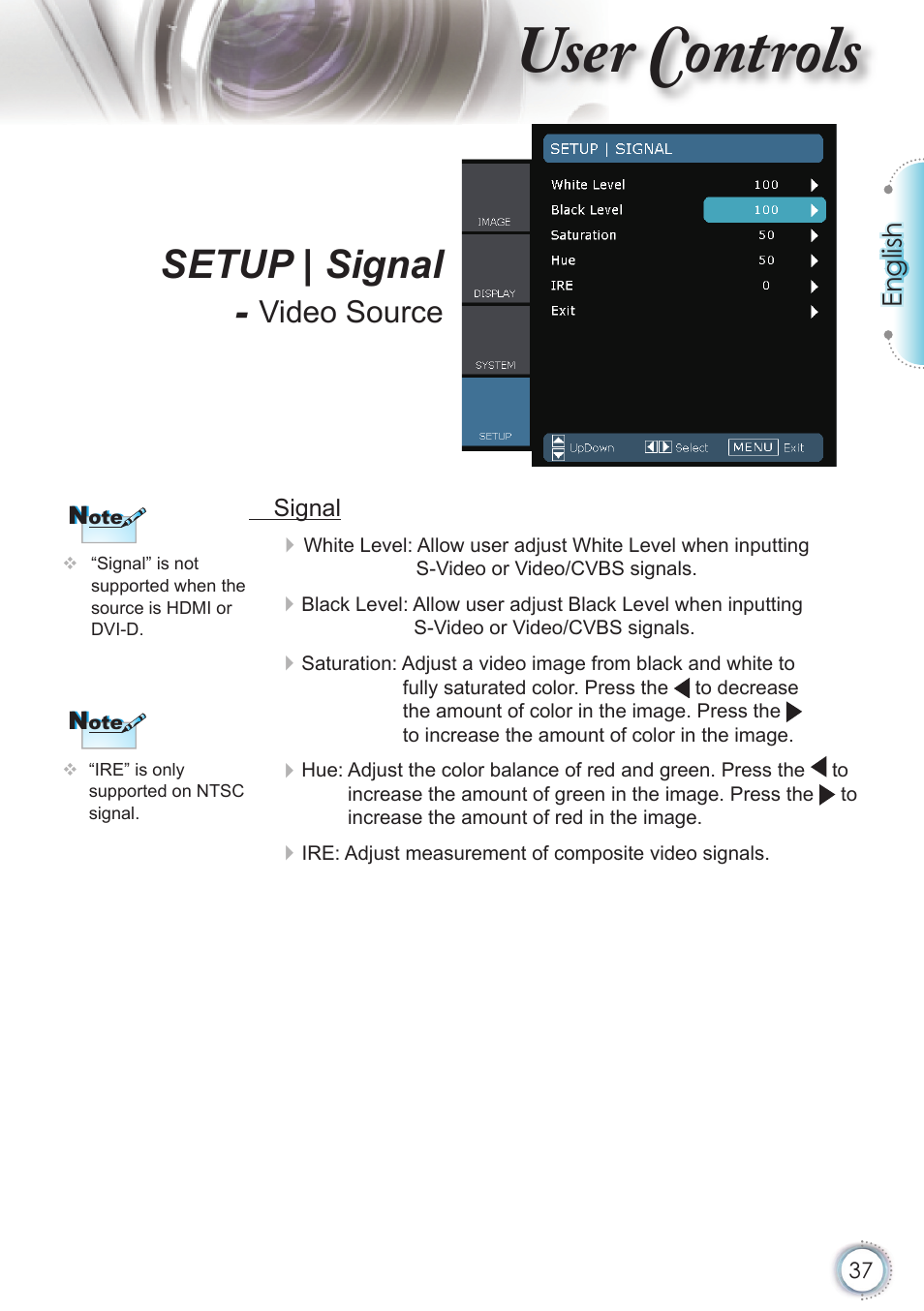 User controls, Setup | signal, Video source | English | Optoma HD20 User Manual | Page 37 / 50