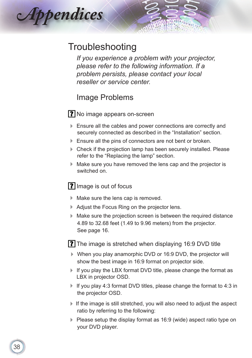 Appendices, Troubleshooting, Image problems | Optoma HD20 User Manual | Page 38 / 50