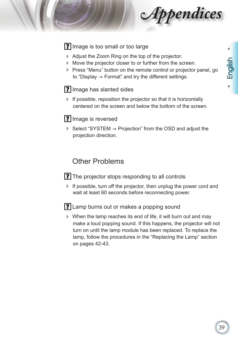 Appendices, Other problems, English | Optoma HD20 User Manual | Page 39 / 50