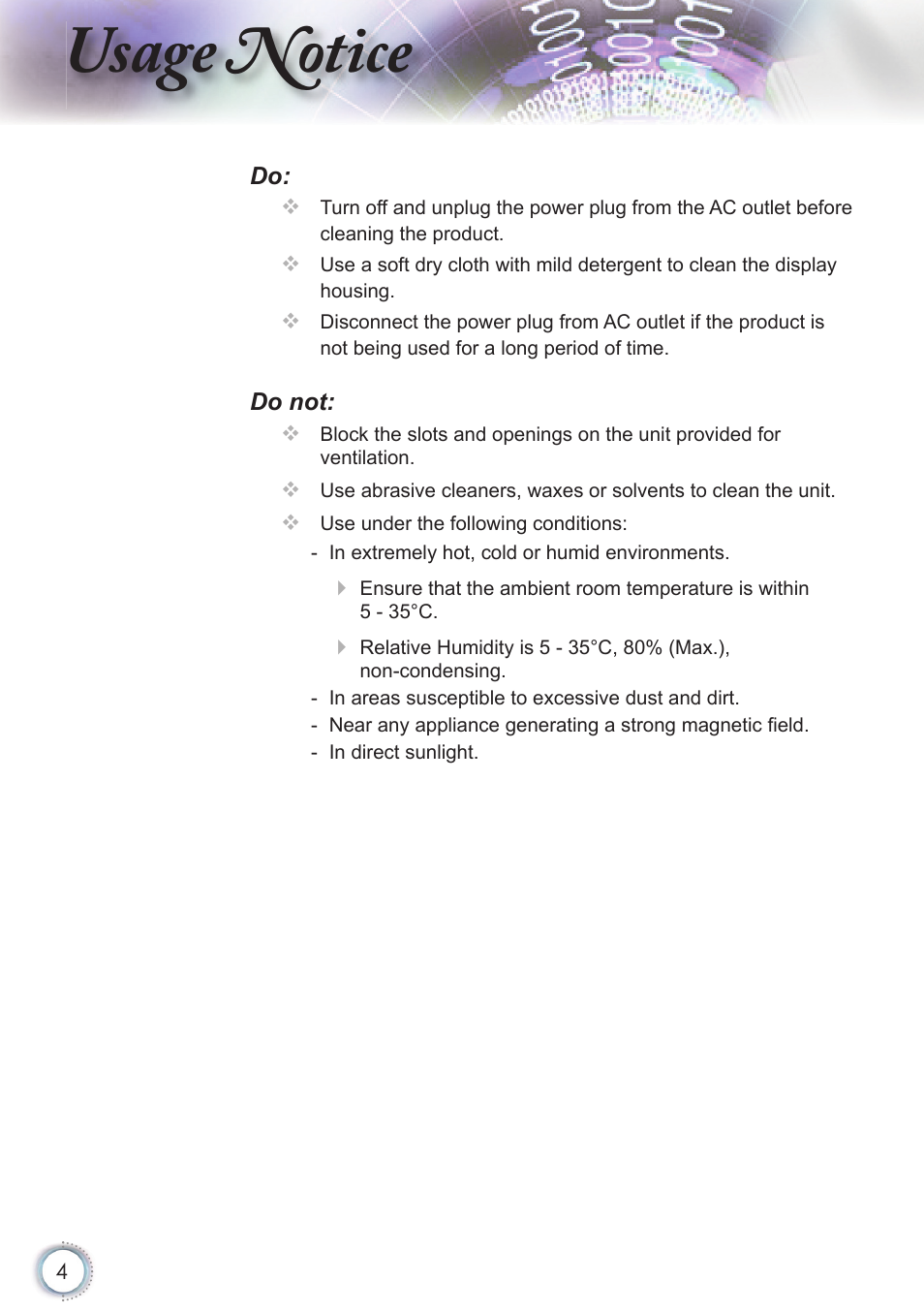 Usage notice | Optoma HD20 User Manual | Page 4 / 50