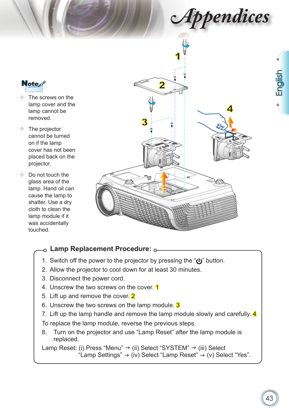 Appendices, English | Optoma HD20 User Manual | Page 43 / 50